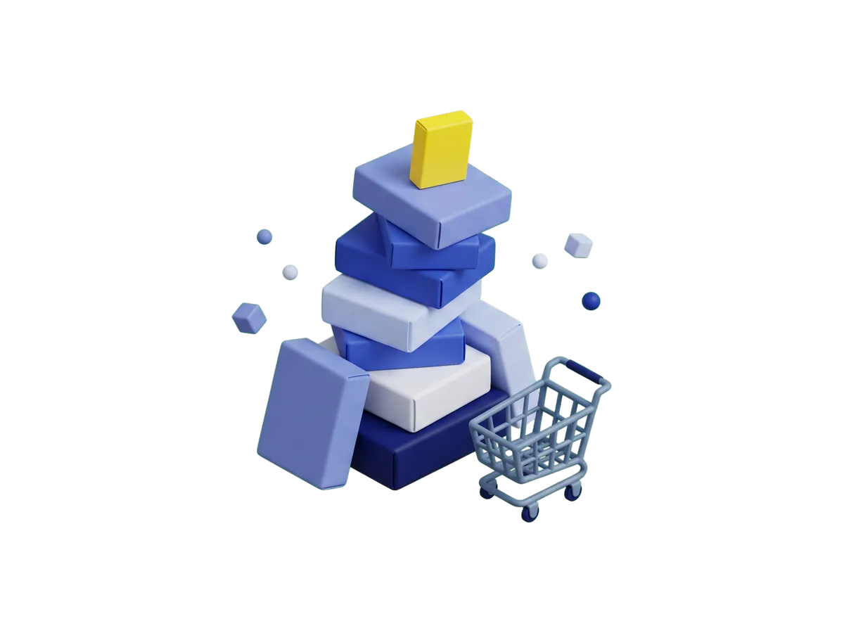 A wobbly pile of unopened software boxes stacked beside a small, empty shopping cart.