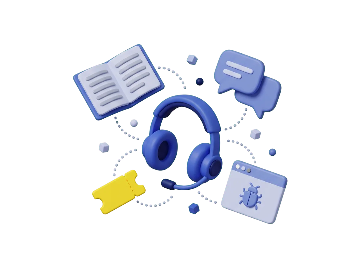 A headset linked by dotted paths to an open book, two speech bubbles, a yellow ticket stub and a browser window showing a bug.