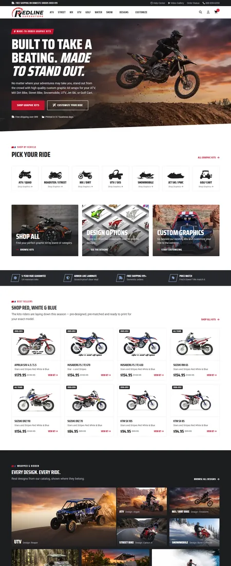 The Redline Superstore home page, with a dirt bike jumping at sunset under the headline Built to Take a Beating and buttons to shop or customize graphic kits.