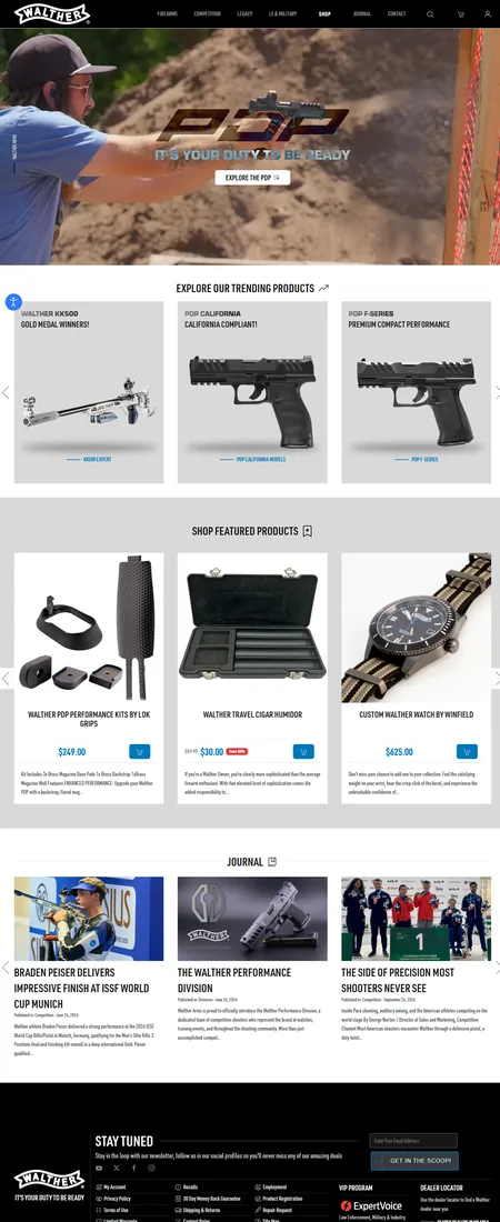 The Walther Arms home page, with a shooter firing a PDP pistol at an outdoor range, under the Walther menu and the line It's Your Duty to Be Ready, above a row of trending firearms.