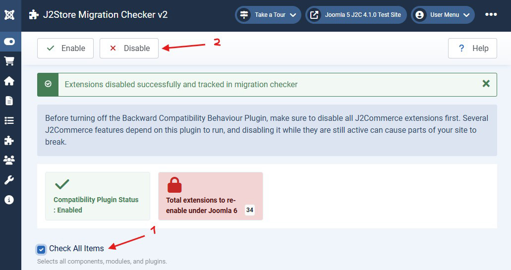 The Migration Checker extensions selection and disabling